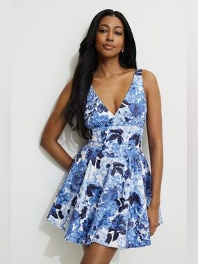 Dynamite Blue Floral V-Neck Fit & Flare Mini Dress